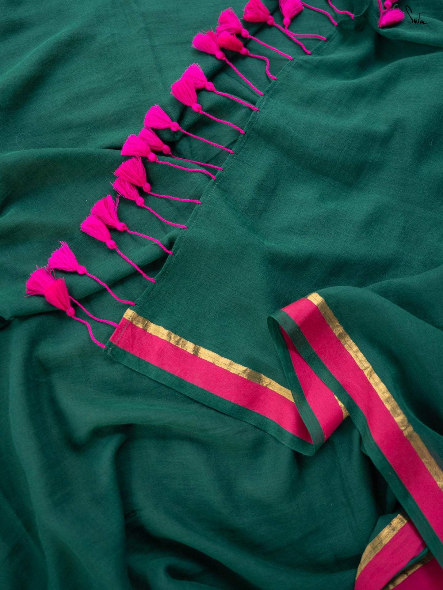 Venn Pachai – Green Mul Cotton Saree with Tassels
