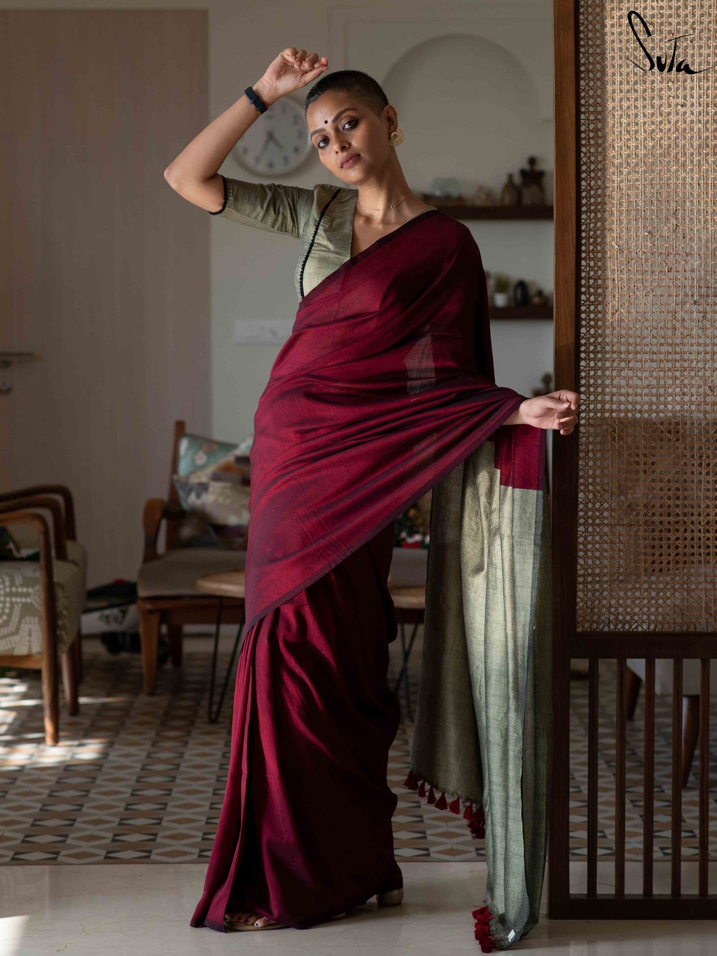 Semman Vizha – Maroon Cotton Acrylic Saree with Blouse Piece