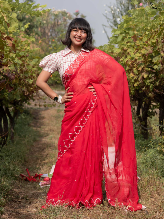 Idhayam Roja – Red Viscose Organza Saree with Blouse Piece
