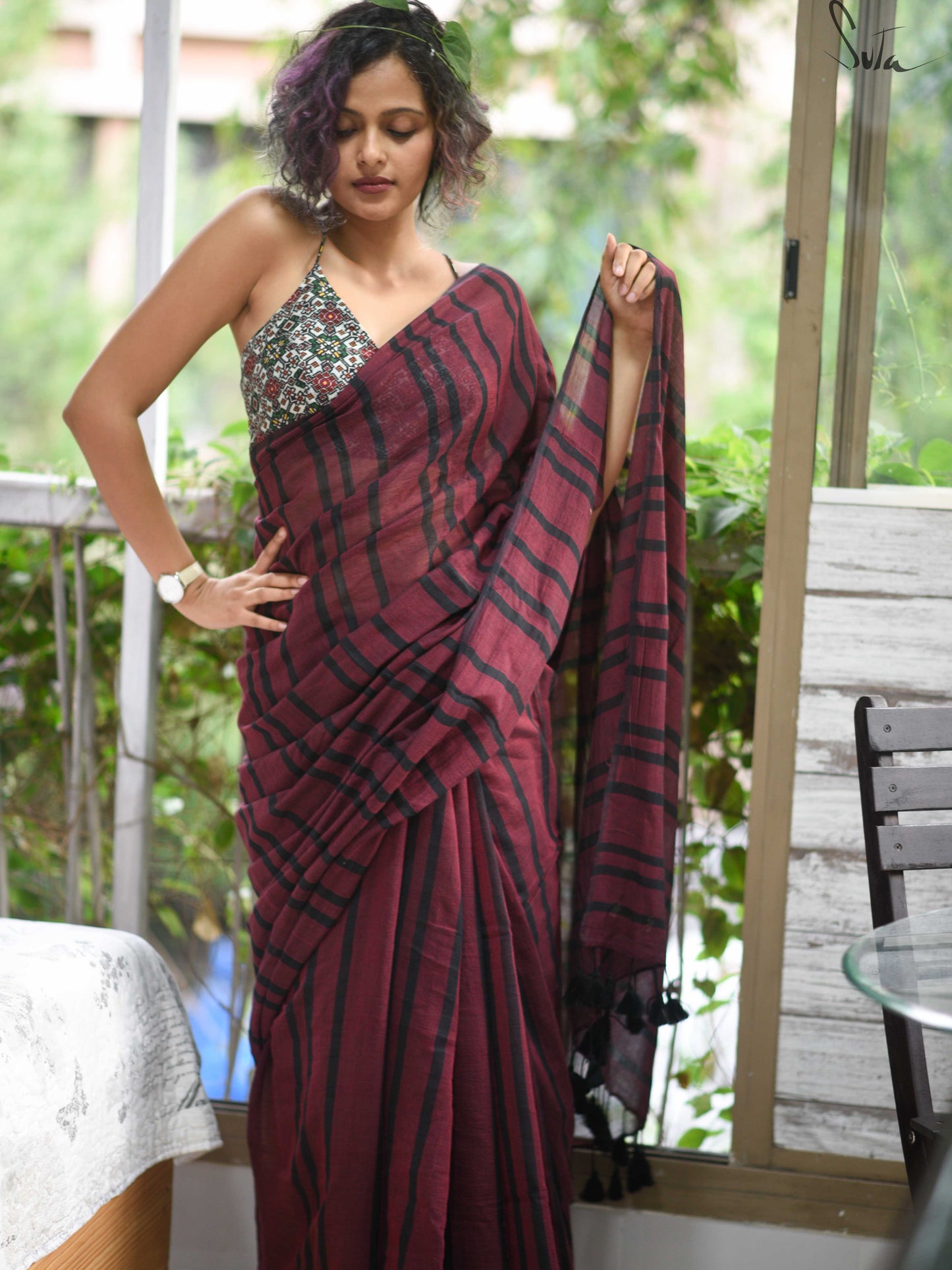 Karun Semmai – Maroon & Black Striped Mul Cotton Saree