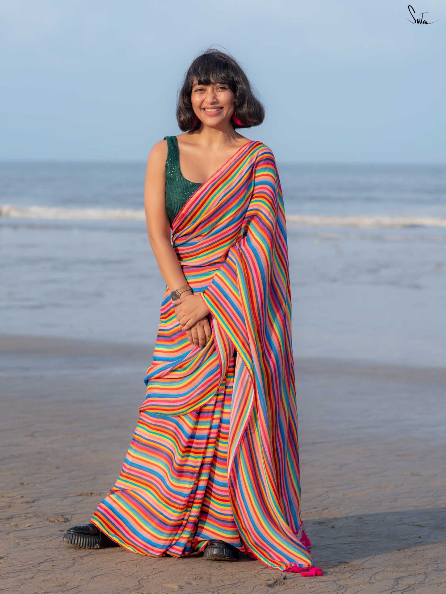 Ilam Kaatru – Multicolour Striped Chiffon Saree with Lace & Tassels