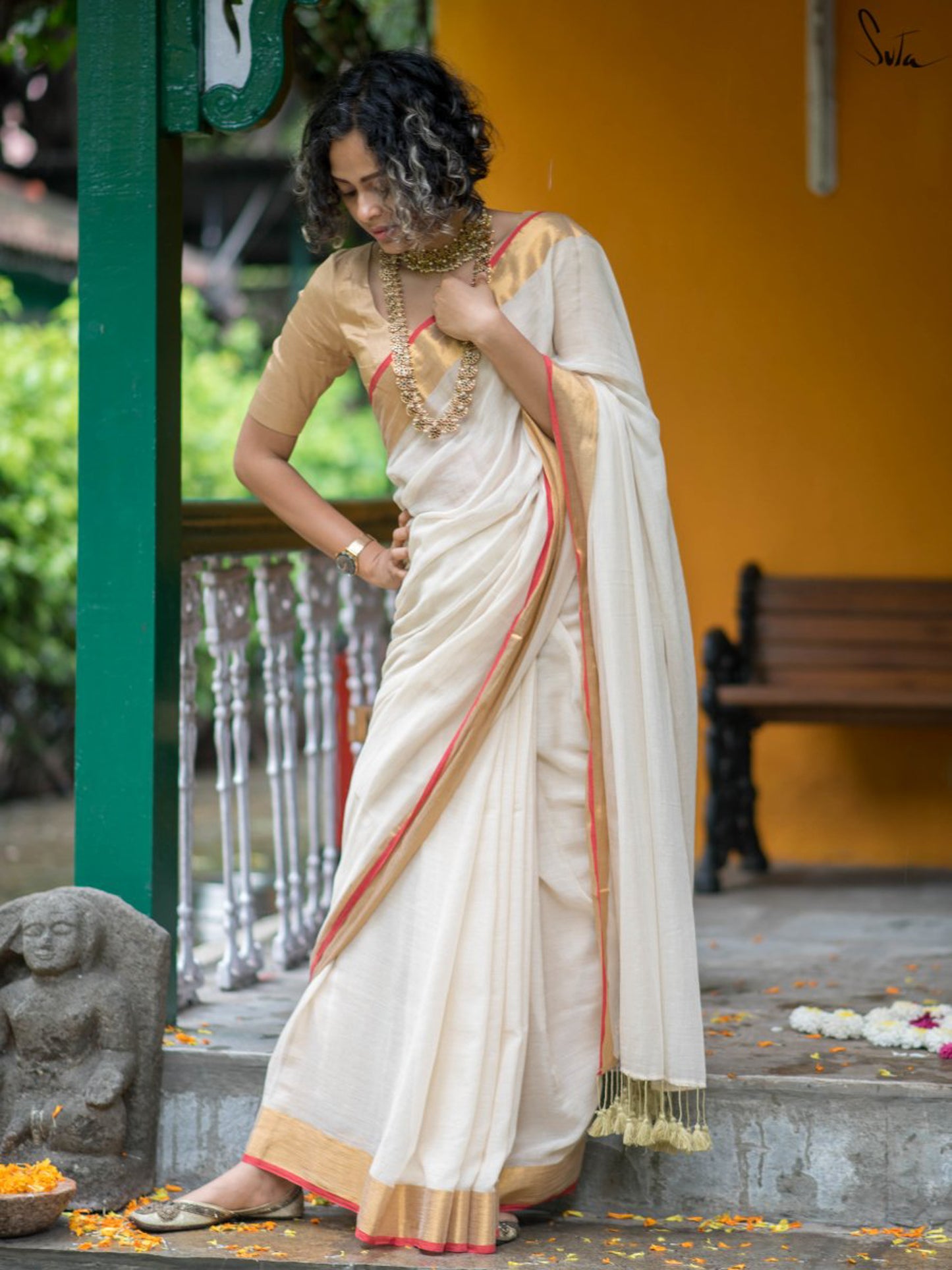 Vennilaa – Cream Mul Cotton Saree with Red & Gold Border