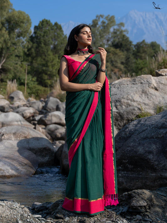 Venn Pachai – Green Mul Cotton Saree with Tassels