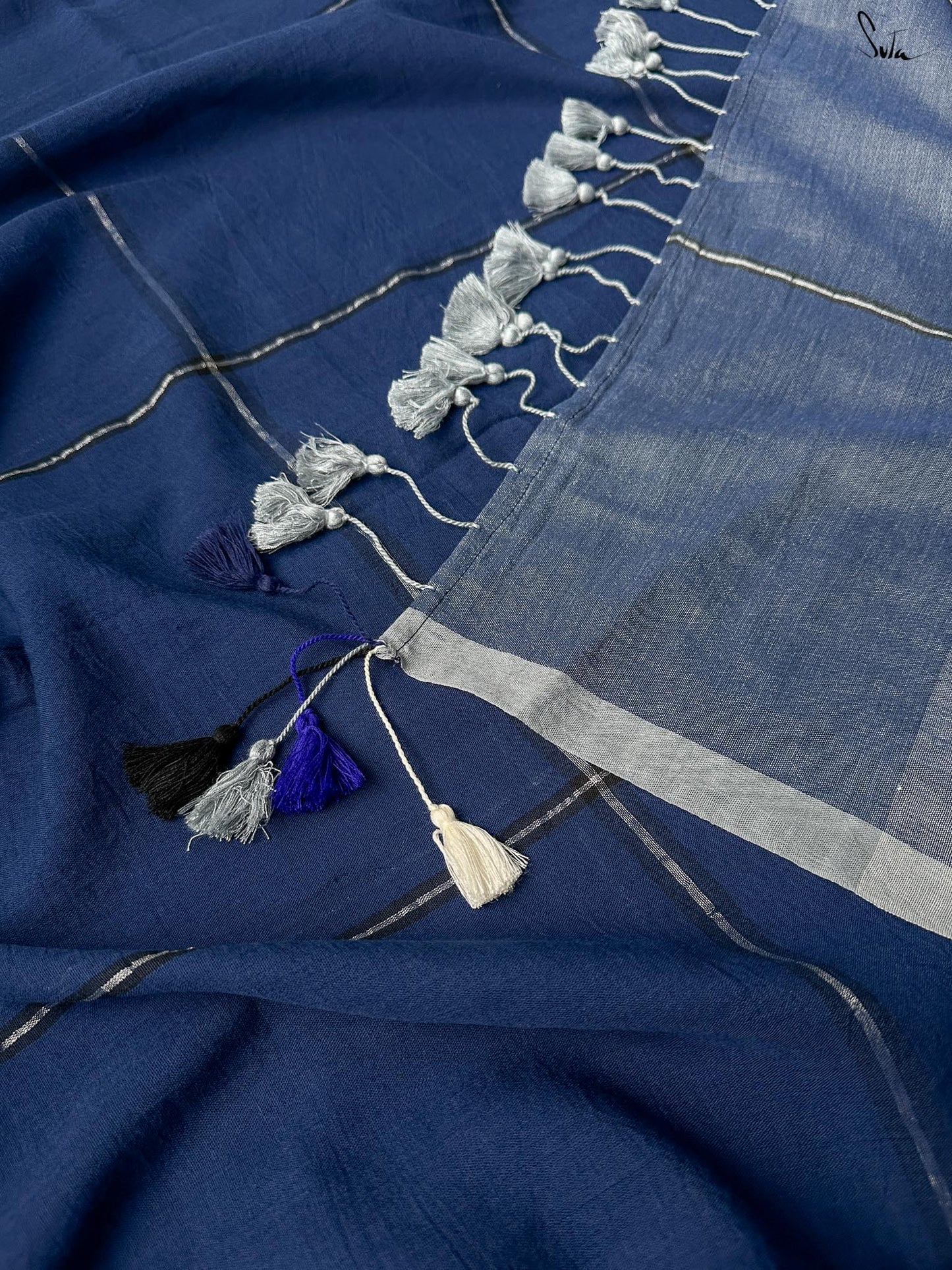 Karun Neelam – Deep Blue Slub Cotton Saree with Checks