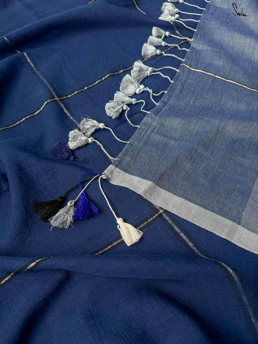 Karun Neelam – Deep Blue Slub Cotton Saree with Checks