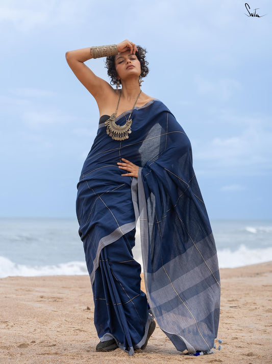 Karun Neelam – Deep Blue Slub Cotton Saree with Checks