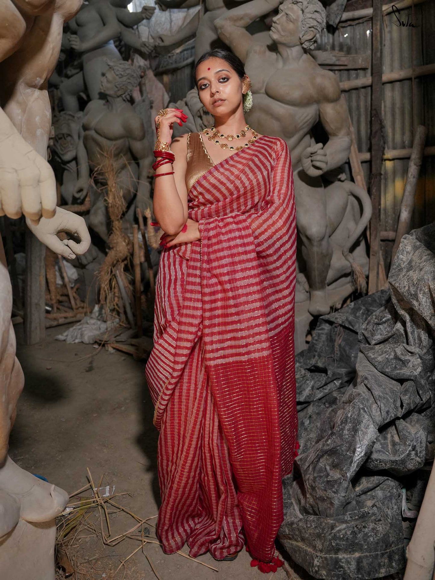 Semparuthi Sindooram – Red Cotton Saree with Golden Stripes