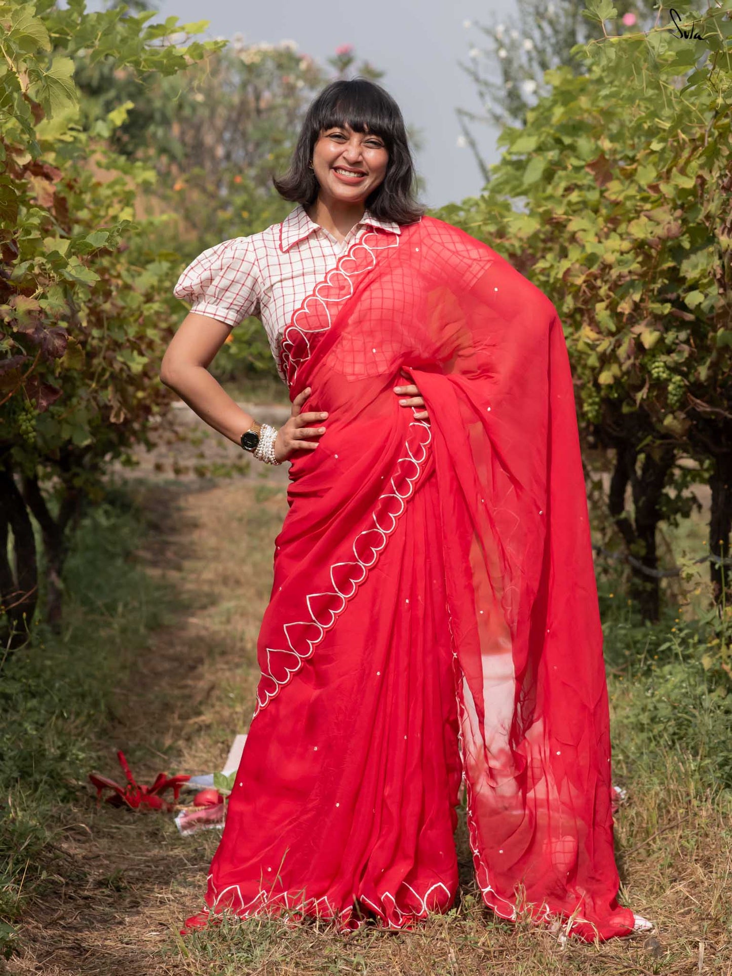Idhayam Roja – Red Viscose Organza Saree with Blouse Piece