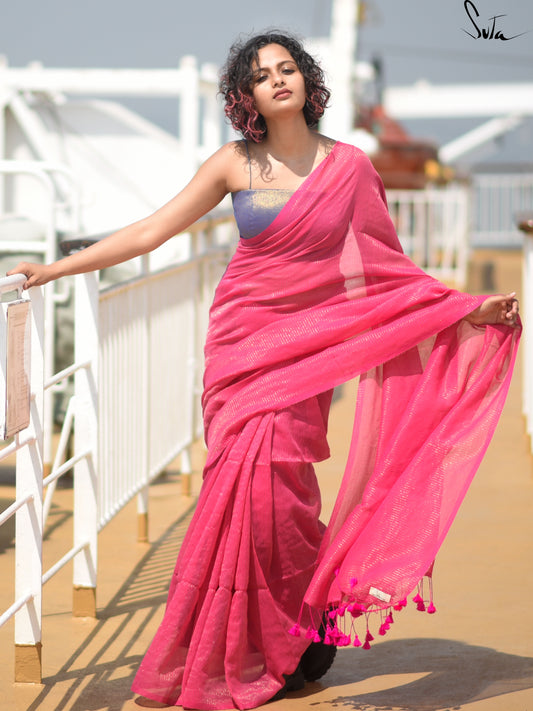 Sem Thamarai– Pink Handloom Mul Cotton Zari Saree with Tassels