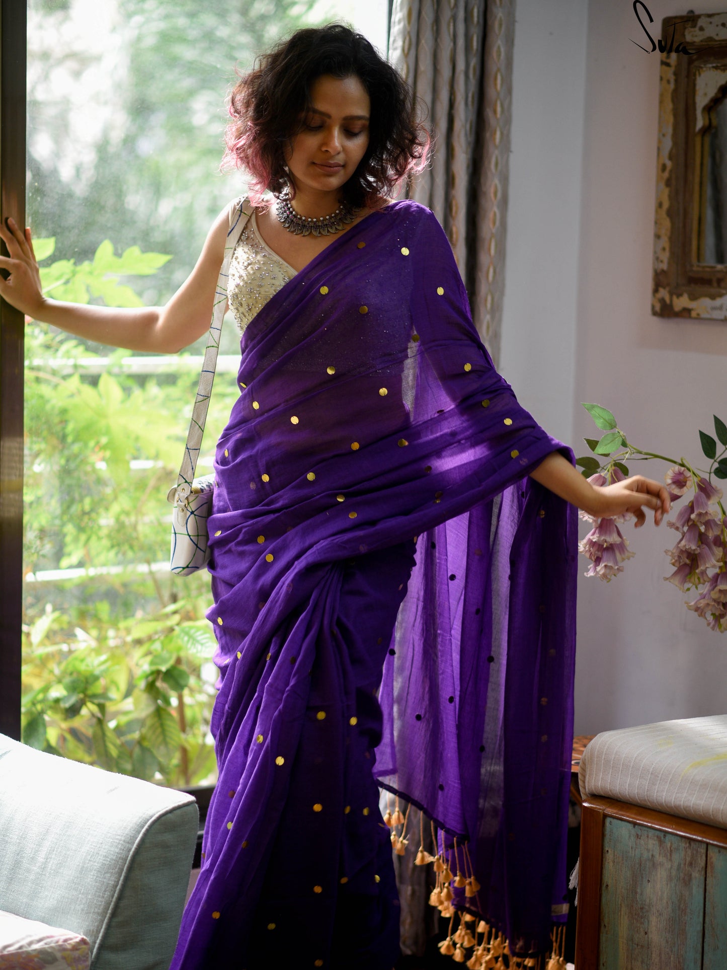 Anthi Malai – Purple Mul Cotton Saree with Glitter