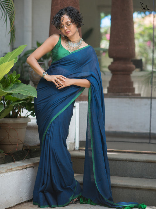 Azhur Mozhi – Blue Viscose Mul Cotton Saree with Tassels
