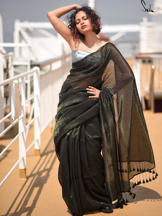 Karun Mozhi – Black Handloom Mul Saree with Zari