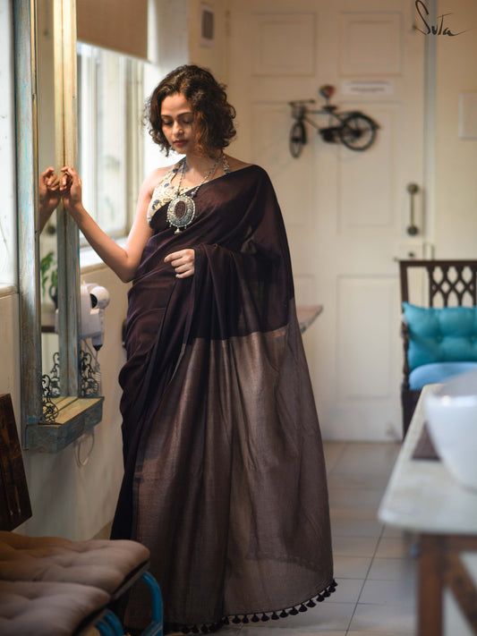 Sundara Mann – Dark Brown Cotton Acrylic Saree