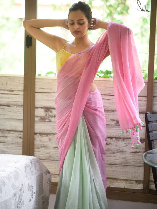 Panneer Pachai – Pink & Pastel Green Mul Cotton Saree