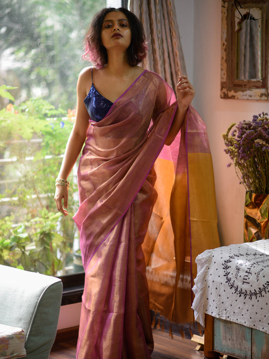 Pavazha Thangam – Pink Gold Linen Zari Saree