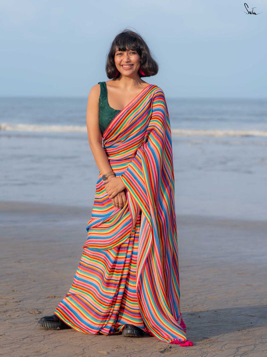 Ilam Kaatru – Multicolour Striped Chiffon Saree with Lace & Tassels
