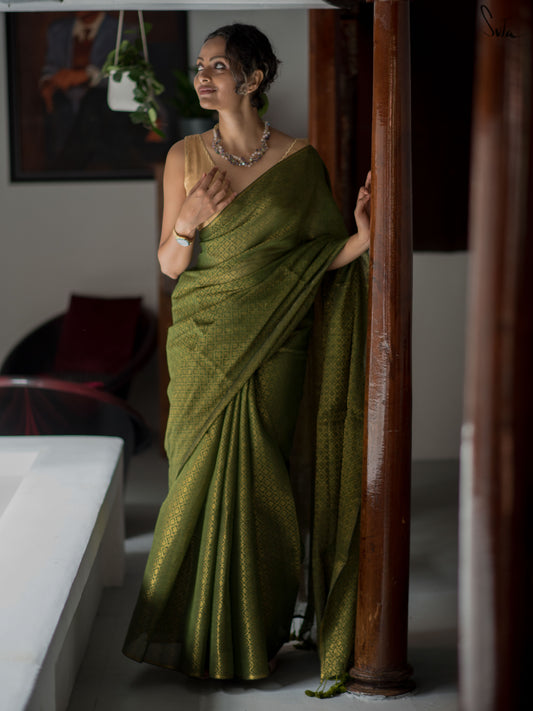 Pachai Pattu – Green Cotton Zari Saree