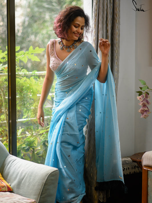 Neela Thuli – Light Blue Mul Cotton Saree