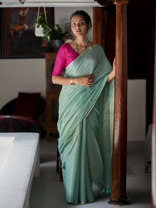 Neela Pachai – Turquoise Green Cotton Zari Saree